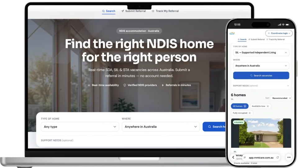 Search live NDIS vacancies on MMT Care Connect — the vacancy search shown on a laptop and a phone